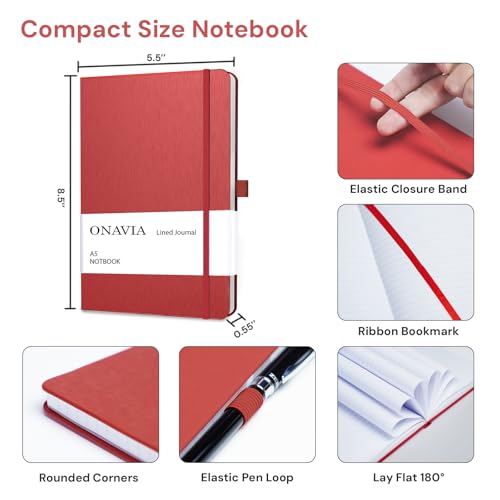 ONAVIA A5 Notebooks for Work, Lined Journal, 160 Pages, Red | 80 Sheets, 5.8 x 8.3 in, Lay Flat, College Ruled, A5 Hardcover Journal, Lined Notebook for Work, School, Note Taking - color: Red