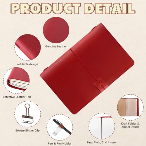 Thenshop Leather Travel Notebook 3 Inserts,Wine Red,A5 Size | Refillable Travel Journal with Pen Holder and Clip, Passport Notebook Accessories for Organizing Notes, Handmade Diary - color: Wine Red, size: A5 Size