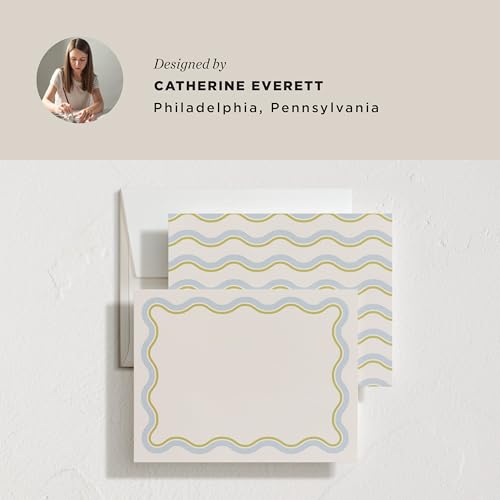 Minted Squiggled Stationery Set, Set of 10, Flat Note Cards & Envelopes for Invitiations and Handwritten Thank You Messages, Pale Blue & Chartreuse Border, Gifts for Men and Women, Luxurious Paper - color: Squiggled