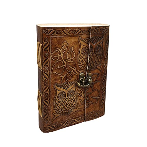CREATIVE LEATHER ART Vintage Owl Leather Journal 7x5 Lock Notebook - color: Vintage Brown, size: 7 x 5 Inch