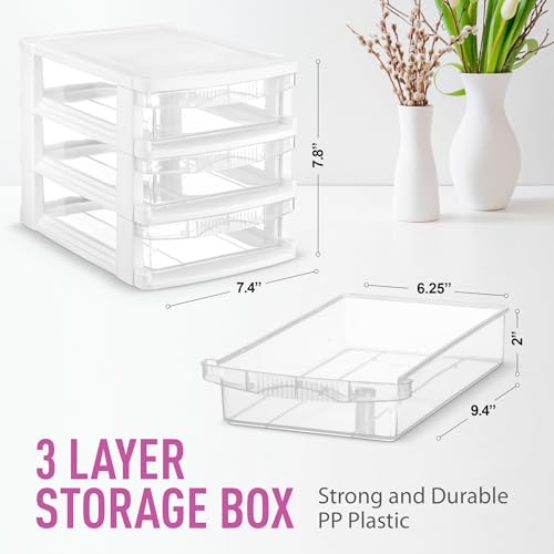Tribello 3 Drawer Plastic Storage, Mini Drawer Unit, White Frame With Clear Drawers for Craft Storage - 10"L X 7.5"W X 8"H Inches - (4 Pack) - size: 10"l X 7.5"w X 8"h (Pack of 2)