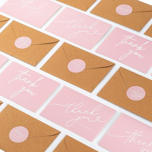 Layneria 100 Bulk Pink Thank You Cards with Kraft Envelopes and stickers - 4 Minimalistic Designs Blank Thank You Notes with Envelopes for business Wedding Bridal Gift Baby Shower Business Graduation - color: Pink and White
