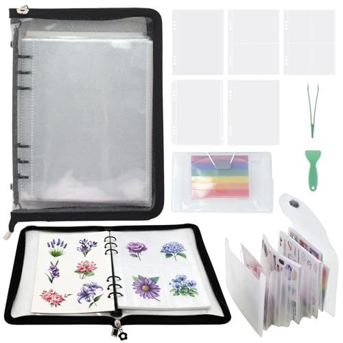 8-in-1 Sticker Organizer Binder, High‑Capacity A5 Reusable Sticker Book Collecting Binder with Storage Pages, Release Paper, Zipper Pouch, Mini Accordion Sticker Storage Album, Tweezers and Squeegee - color: Black