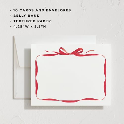 Minted Bow Stationery Cards, 10 Count, Blank Cards and Envelopes For Thank You Notes, Holiday Greeting, Invitations & Handwritten Messages, Note Cards & Stationery Set, Gifts for Women, Red Bow Theme - color: Bow