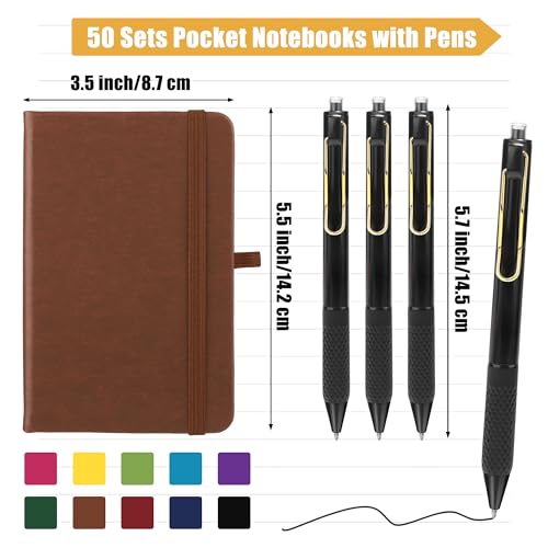 Aodaer 50 Sets Pocket Notebook Journal with Pens 160 Pages 3.5 x 5.5 Inch Mini Lined Journal Notebook A6 Leather Hardcover College Ruled Notepad with Pen Holder for School Office Gifts, Rainbow Colors - color: Mixed Colors