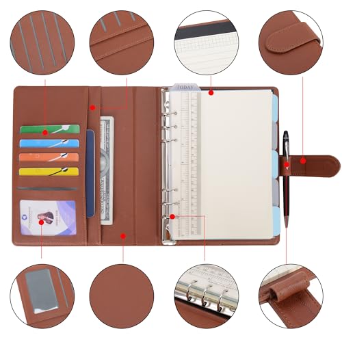 WASON A5 Binder PU Leather Journal Ring Portfolio Lined Notebook Refillable Paper Diary with Removable Clipboard Writing Notepad for Travel Business School Agenda Organizer (Brown) - color: Brown