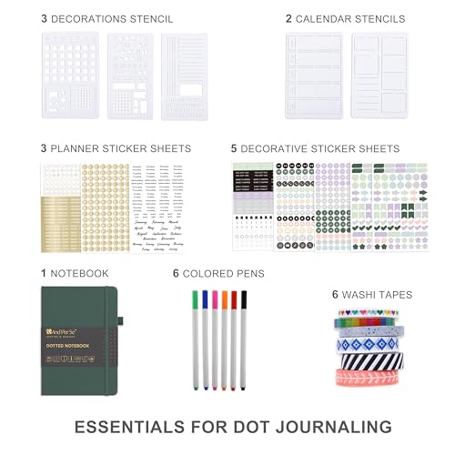 &And Per Se Dotted Journal Kit, A5 Hardcover Dot Grid Journal Notebook Set for Beginners with Journaling Supplies Stencils, Stickers, Washi Tapes & Colored Pens Accessories (Green) - color: Green, size: 176-Dotted Journal Kit