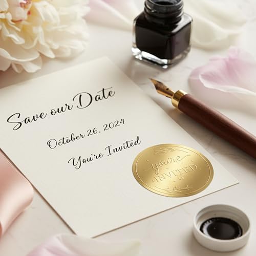 Gold Embossed Invitation Envelope Stickers: 100 Count, 1.6-Inch Round | Metallic Raised Botanical Foil Envelope Seals for Wedding Invitations, Bridal Showers & Formal Event Stationery
