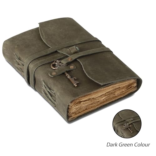 Leather Journal with Deckle Edge Paper 8x6 inch and Vintage Key | Handmade Writing Notebook Diary | Bound Daily Notepad for Men & Women Medium, Sketch/Writing pad for Artists - color: Dark Green, size: 8 x 6, style: Unlined Deckle Paper