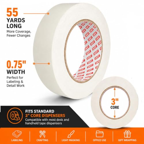 SWRT Masking Tape 0.75 Inch x 55 Yards x 10 Rolls, Bulk White Painting Tape | Clean Removal; Easy Hand Tear; Writable Surface; Painting & Crafts; Labels & Organizing; Light Packaging - size: 0.75" x 55Yds x 10Rolls