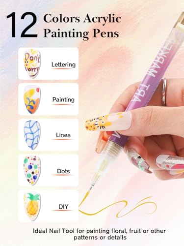 EBANKU 12 Colors Nail Art Pens Set, Nail Polish Pens for Nail Art Quick Drying 3D Acrylic Paint Markers for Painting Dotting Liner Pen Nail Salon DIY - color: 12P(B)