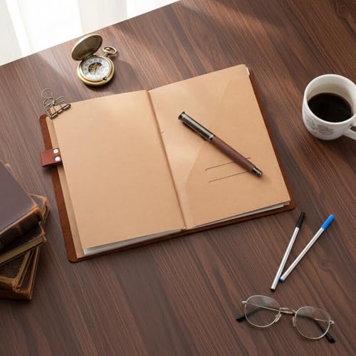 Thenshop A5 Leather Journal Refillable Notebook Travel Diary Handmade Travelers Refillable Leather Journal for Men and Women with 3 Notebook Inserts, Pen Holder, Binder Clip