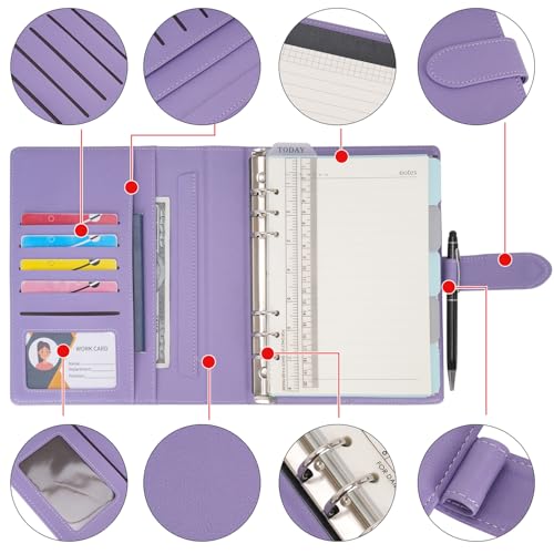WASON A5 Binder PU Leather Journal Ring Portfolio Lined Notebook Refillable Paper Diary with Removable Clipboard Writing Notepad for Travel Business School Agenda Organizer (Purple) - color: Purple