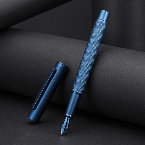 Asvine Dark Blue Fude Pen, Bent Nib Calligraphy Fountain Pen (Fine to Broad) with Converter and Metal Pen Case Set - color: Dark Blue, style: Bent Point