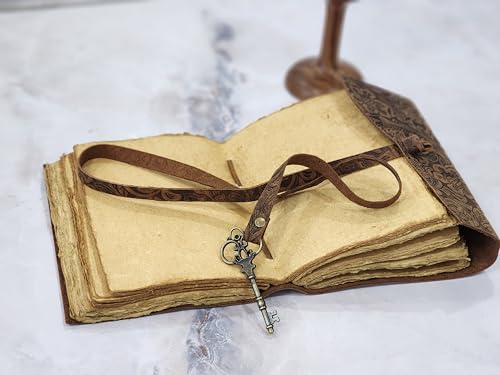 Embossed Leather Journal with Antique Key Vintage Pages Handmade Journal Leather Sketchbook Notepad Leather Travel Journal Book of Shadows Leather grimoire (Antique, 8x6 Inch) - color: Antique, size: 8x6 Inch