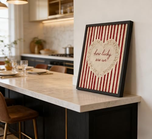 Framed 'How Lucky Are We' Heart Wall Art, Vintage Red Stripe Lace Canvas Print, Rustic Farmhouse Decor for Living Room Bedroom Guest Room Nursery Home - color: Floral-1, size: 16"L x 12"W