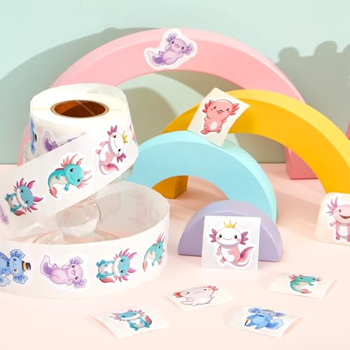 Qeeenar 500 Pcs Axolotl Stickers Roll, Cute Reward Decals for Kids Party | Cute Cartoon Animal Designs, Teacher Classroom Rewards, School Incentive Supplies, Christmas Party Favors for Kids - style: Axolotl