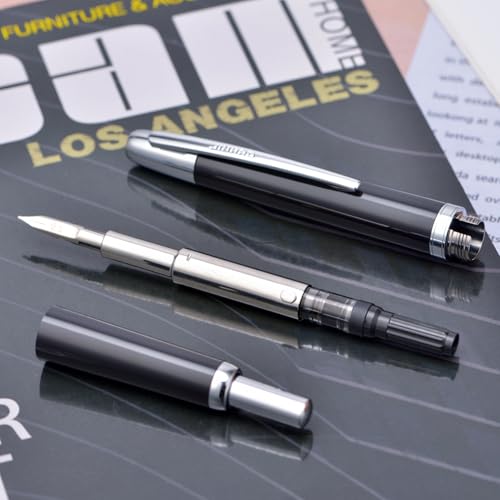 Jinhao 20 Press Fountain Pen, Piano Black Retractable Fine Nib with Ink Converter Set (Silver Clip) - color: Piano Black (Silver Clip), style: Fine