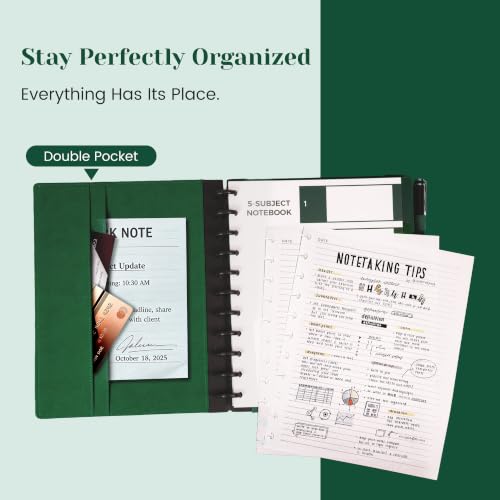 Hardcover Refillable Journal Notebook with Removable Divider Tabs, 300 Pages Leather 5 Subject Discbound Notebook College Ruled for Work School Note Taking,10x11.5" Lined Journal for Men & Women,green - color: Green, size: Large
