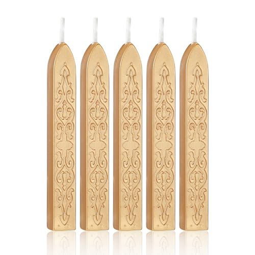 Yoption 5Pcs Light Gold Sealing Wax Sticks with Wicks for Wax Seal Stamp | Embossed Pattern Wax Sticks for Wedding Invitation, Christmas Card, Envelope, Snail Mail, Wine Package, Gift Wrapping - color: Metallic Light Gold