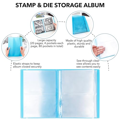 2 Pack Large Sticker Photo Storage Album, Stamp & Cutting Dies Storage Book Organizer Folder for Cards Storage DIY Scrapbooking Card Making Supplies 20 Pages 80 Pockets/Pack (Clear + Blue) - color: Clear + Blue