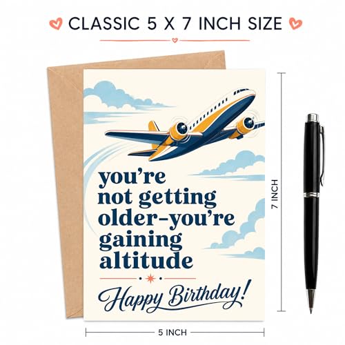 Funny Birthday Card for Pilot, Airplane Lover – Aviation Themed Greeting Card for Him Her, Men Women | Kraft Envelope & Sealing Sticker | Blank Inside to Write Your Message