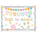 Mooliwe 94 Pcs Welcome Back to School Bulletin Board Set Pastel Smile Face Stationery Paper Cutouts Classroom Decor for Preschool Chalkboard Wall Door Decor First Day of School Teacher Supplies - style: Pastel Smile face
