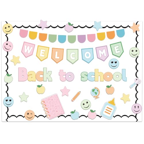 Mooliwe 94 Pcs Welcome Back to School Bulletin Board Set Pastel Smile Face Stationery Paper Cutouts Classroom Decor for Preschool Chalkboard Wall Door Decor First Day of School Teacher Supplies - style: Pastel Smile face