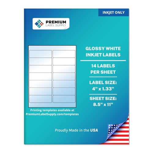 Premium Label Supply Glossy White Address Sticker Labels – 4" x 1.33" – (14 per Sheet) (Glossy White for Inkjet Only, 350 Labels) - size: 350 Labels