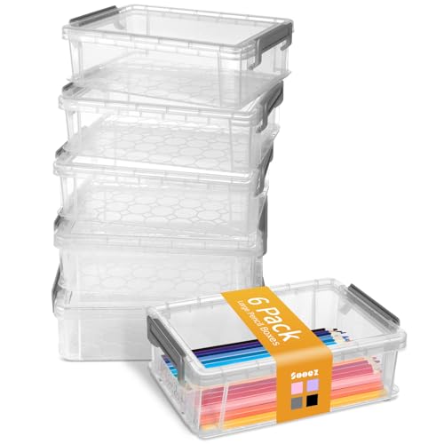 Sooez 6 Pack Extra Large Pencil Box, Plastic Pencil Case Crayon Box | Clear Marker Organizer Plastic Containers with Lid, Stackable Storage Boxes for Art Craft,Back to School Supplies, Grey - color: Grey, size: Large