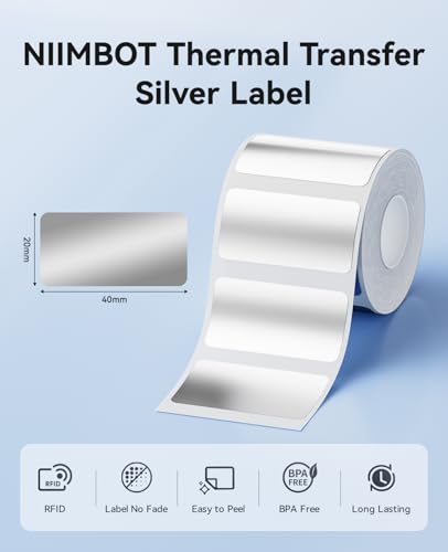 NIIMBOT M2/M3 Thermal Transfer Labels 1.57" x 0.78" (40x20mm) Silver | Only forM3 /M2 Label Maker, PET Material, Waterproof and High-Temperature Resistance, Long Storage Time - size: 40*20MM Silver