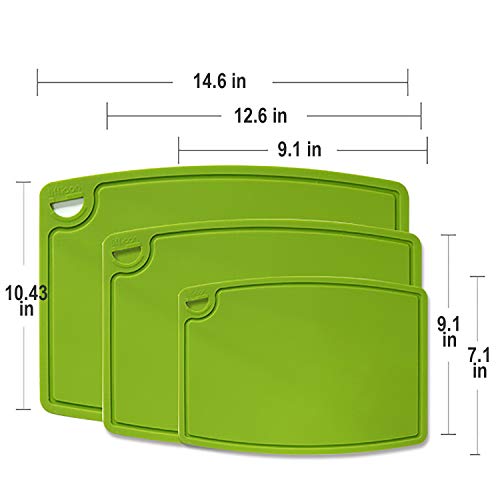 Liflicon Silicone Thick Cutting Boards Mats Set of 3 Foldable & Flexible Design Juice Grooves Easy Grip Handle Dishwasher Safe for Kitchen,BPA free Silicone Cutting Board-Green - color: Green, size: 9.1"L x 7.1"W, 12.6"L x 9.1"W & 14.6"L x 10.4"W