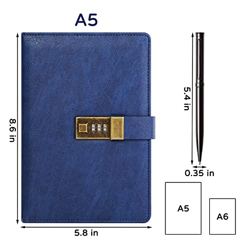 WEMATE Diary with Lock, A5 PU Leather Journal with Lock 240 Pages Blue | Vintage Lock Journal Password Notebook with Pen & Gift Box, Lock Diary Planner Organizer for Men and Women, 8.6x5.8in - color: Blue