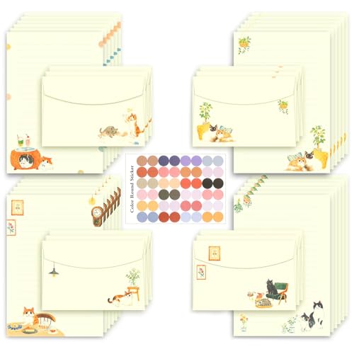 37 Pcs Stationery Paper Envelopes Set | Includes 24 Writing Paper & 12 Envelopes & 48 Stickers, Cat Letter Writing Stationery Paper Envelopes Gift (4Style) - color: Cat