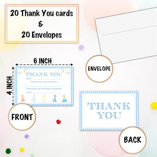 Blue Thank You Cards, Colorful Birthday Hats Thank You Notes for Birthday Party, Greeting Postcards for Girls Boys, 25 Pack Fill-in-Blank Gratitude Cards with Envelopes, 01 - color: Blue Birthday Hats