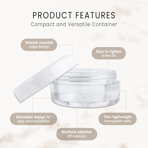 (Quantity: 100 Pieces) Beauticom 5G/5ML Round Clear Jars with White Lids for Acrylic Powder, Rhinestones, Charms and Other Nail Accessories