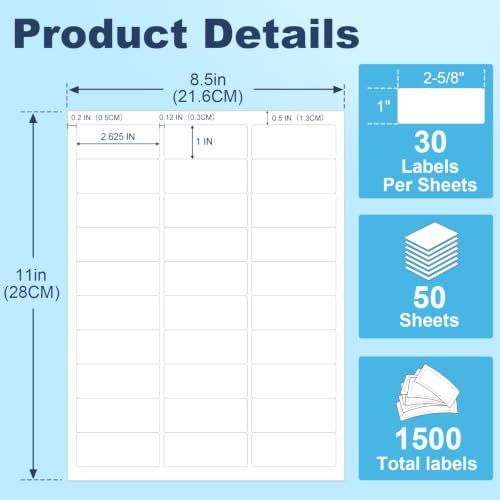 1" x 2-5/8" Address Labels 1500 Labels Sticker Paper for Laser & Inkjet Printers, Address, Shipping, Barcode, Mailing & Product Stickers, White Adhesive Labels (50 Sheets) with Free Template - size: 1"x2-5/8"-50 Sheets(HB-R030)