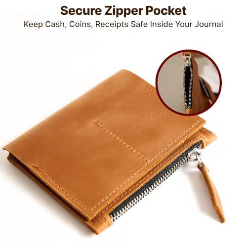 Leather Journal Pocket Insert A6 – Genuine Leather Notebook Organizer with Card Pockets & Large Zipper Pocket, Refillable Travel Insert for Planner 4.1"x5.8", Warm Brown - size: A6