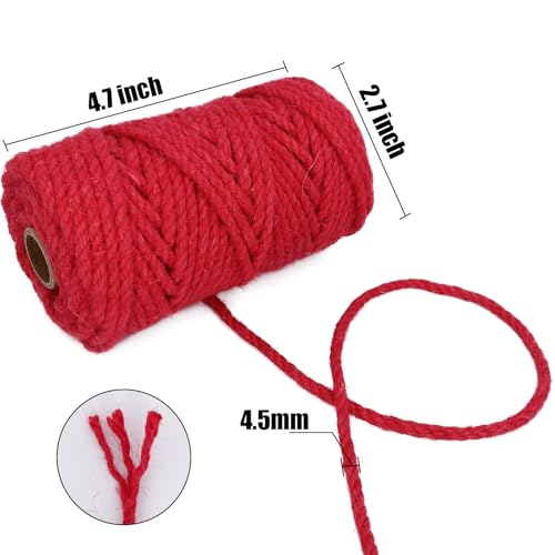 Leecogo 4.5mm Jute Rope 100 Feet Natural Craft Rope Twine String Perfect for Home Gardening Macrame Arts Crafts DIY Cat Scratching Post Replacement Repairing Recovering Cats Toy Making,Red - color: Red, size: 4.5mm