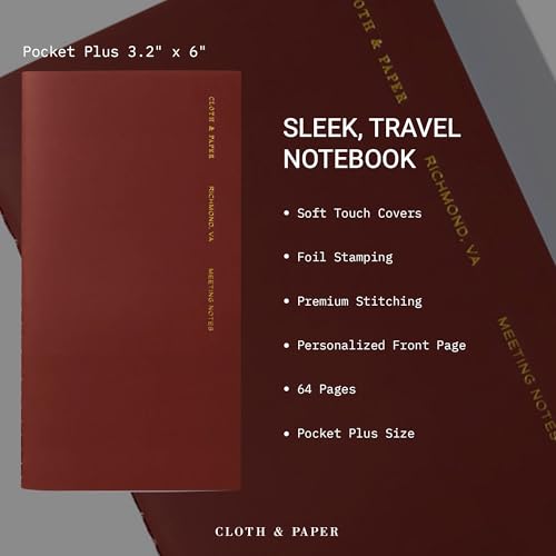 Cloth & Paper Travel Notebook | Meeting Notes – Bordeaux | Pocket Plus Meeting Notebook 3.2" x 6" | Structured Meeting Layout for Agenda, Attendees, Notes & Follow Up Tracking – Soft Touch Cover - color: Bordeaux