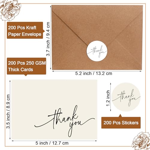 Gueevin 200 Pcs Thank You Cards with Envelopes Stickers, 3.5x5", Cream - color: Cream