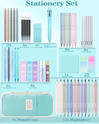 JIZHIYUAN 54PC Aesthetic School Supplies with Blue Pencil Case for Students - color: Blue