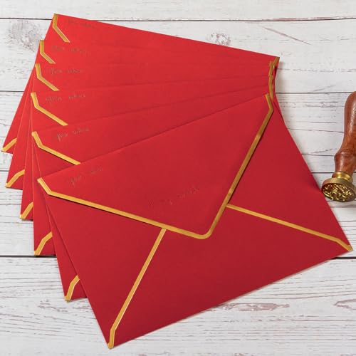 50 Pack A7 Envelopes Red 5 x 7 with Gold Border | Self-Adhesive, V Flap, For Wedding, Graduation, Baby Shower, Parties, Invitations - color: Red, size: A7 (5.32x7.28)