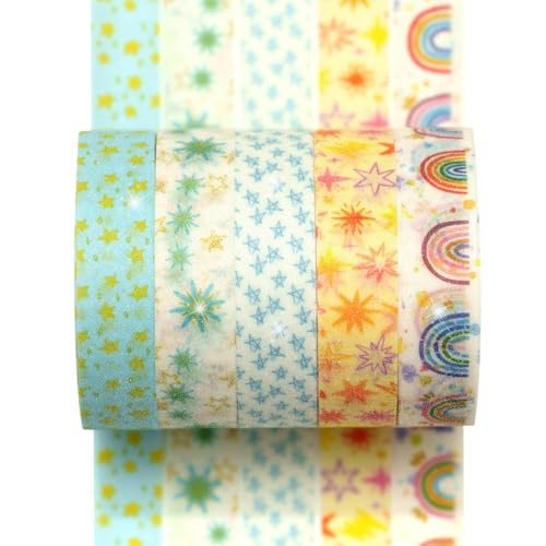 Cute Pattern Washi Tape Set 5 Rolls Glitter Cover Decorative Wide Kawaii Masking Tapes for Arts, DIY Crafts, Journals, Planners, Scrapbook, Wrapping (6 Starry Sky) - color: 6 Starry Sky