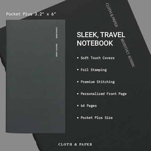 Cloth & Paper Travel Notebook | Monthly Admin – Lagoon | Pocket Plus Monthly Planner Notebook 3.2" x 6" | Calendar Planner with Monthly Layout for Tasks, Notes & Important Dates – Soft Touch Cover - color: Lagoon