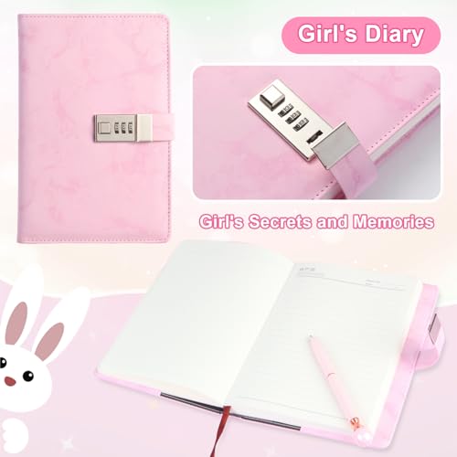 Diary Gift Set, Marble PU Leather 300 Pages Journals for Writing, Drawing Notebook with Lock Includes Combination Lock, Double Layer Pencil Pouch, Bracelet, Diamond Pen