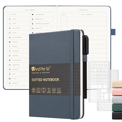 &And Per Se Dotted Notebook with Pen, 176 Numbered Dotted Pages, A5 Hardcover, Journal Stencils & Fineliner Pen for Beginners Women Men (Dark Blue) - color: Dark Blue, size: 176-Dotted