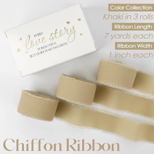 MEEDEE Khaki Chiffon Ribbon 1 Inch Fringe Ribbons Cream Chiffon Silk Frayed Edge Ribbon Thin Chiffon Ribbons for Crafts, Gift Wrapping, Wedding Invitation (3 Rolls 21 Yards) - color: Khaki, size: 1 inch