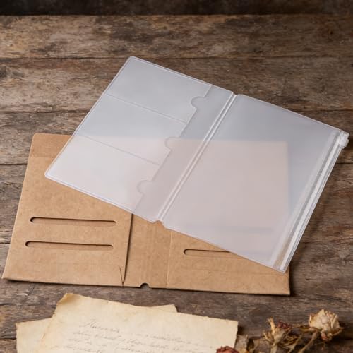 Roadtofree Passport Size Travelers Notebook Accessories Kit - All-in-One Set with Kraft Folder, PVC Zipper Case, Pen Holder, Binder Clip & 2 Elastic Bands for Travel Journal, Daily Use (Kraft, Passport Size 1 PC) - size: Pasport Size 1 PC