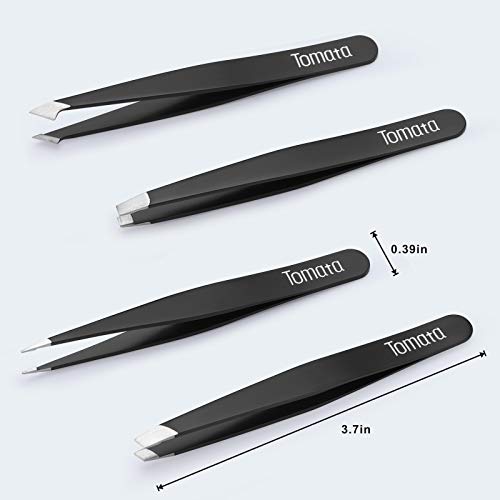 Tomata Tweezers for Eyebrows, 4-piece Slant Tip and Pointed Eyebrow Tweezer Set Great Precision for Eyebrows Facial Hair, Ingrown Hair, Splinter, Blackhead and Tick Remover (Black) - color: Black